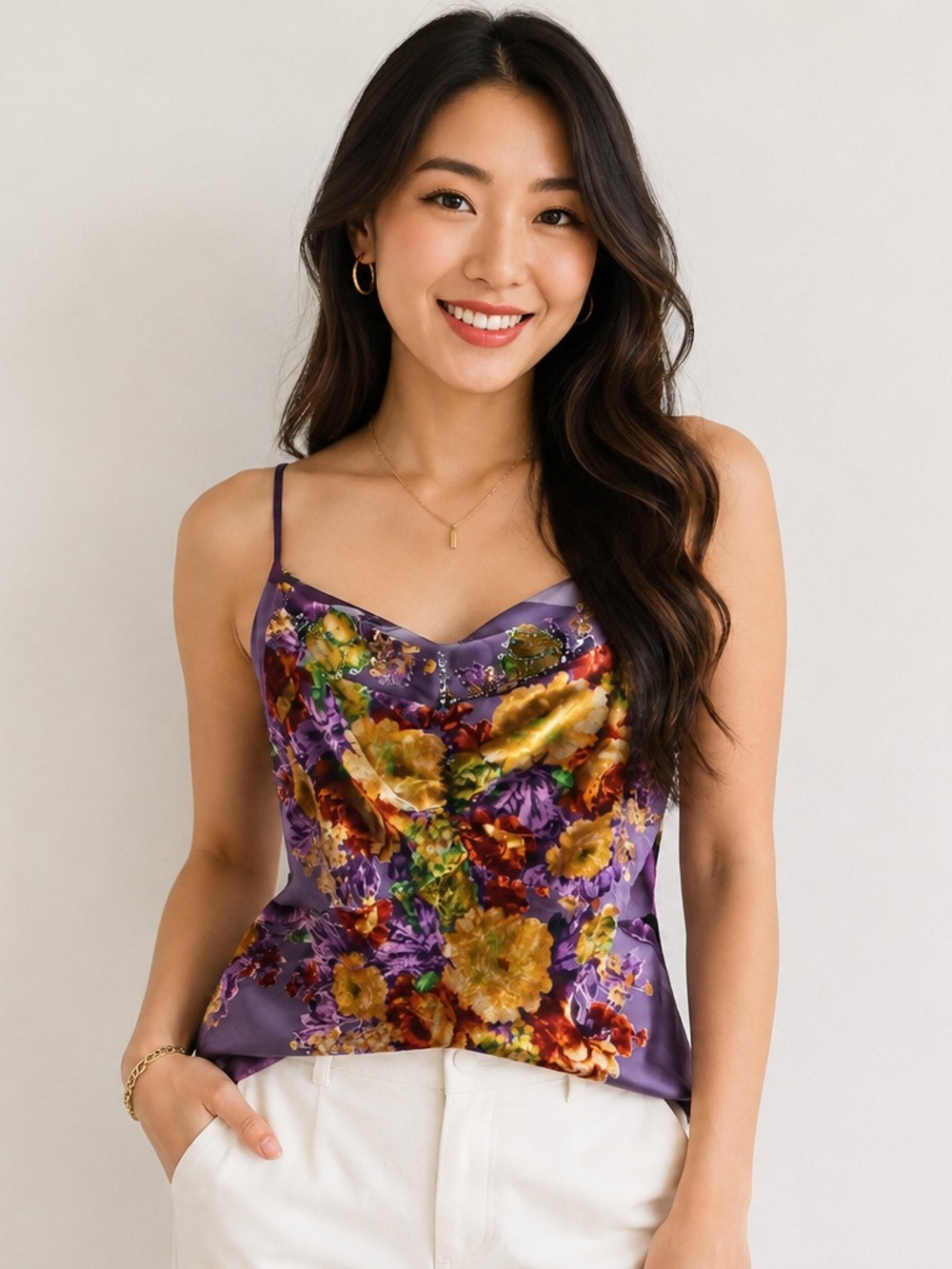 Floral Satin Cowl Neck Camisole in Purple XL Babydoll